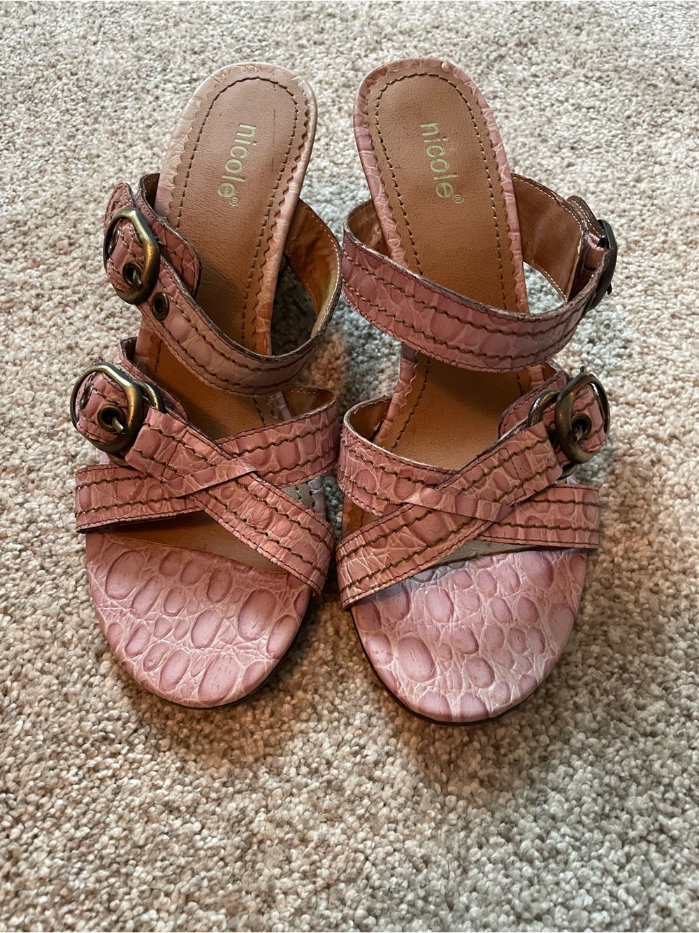 Nicole Pink Croc-Embossed Strappy Buckle Slide Sandals